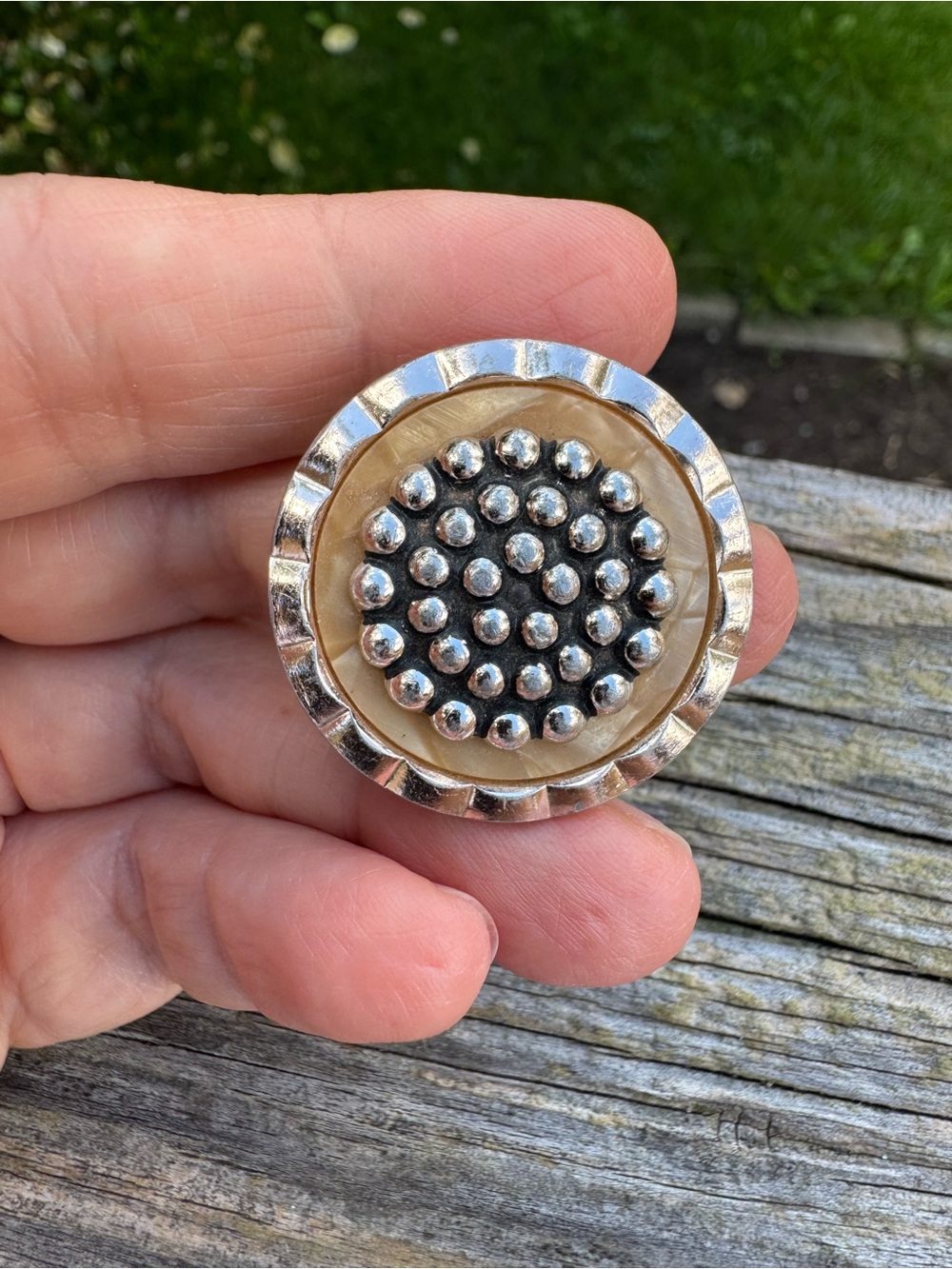 Vintage Silver and Cream Beaded Round Scarf Clip